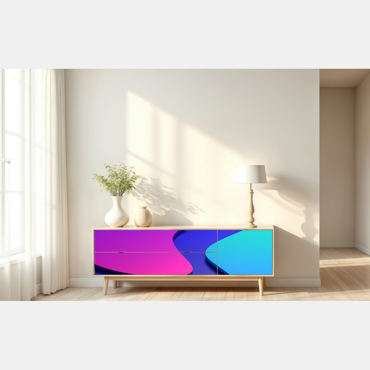 Repositionierbarer Aufkleber leuchtende lila-blaue abstrakte 3d-formen – Wallnifity® Repositionierbarer Aufkleber leuchtende lila-blaue abstrakte 3d-formen – Wallnifity®