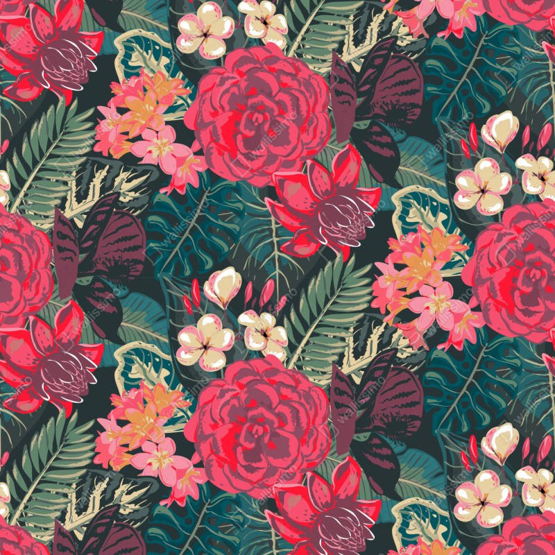 Repositionierbarer Aufkleber tropisches blumenmuster in rosa und türkis – Wallnifity® Repositionierbarer Aufkleber tropisches blumenmuster in rosa und türkis – Wallnifity®