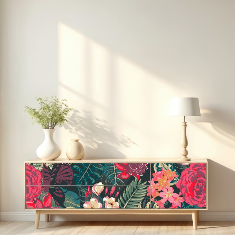 Repositionierbarer Aufkleber tropisches blumenmuster in rosa und türkis – Wallnifity® Repositionierbarer Aufkleber tropisches blumenmuster in rosa und türkis – Wallnifity®