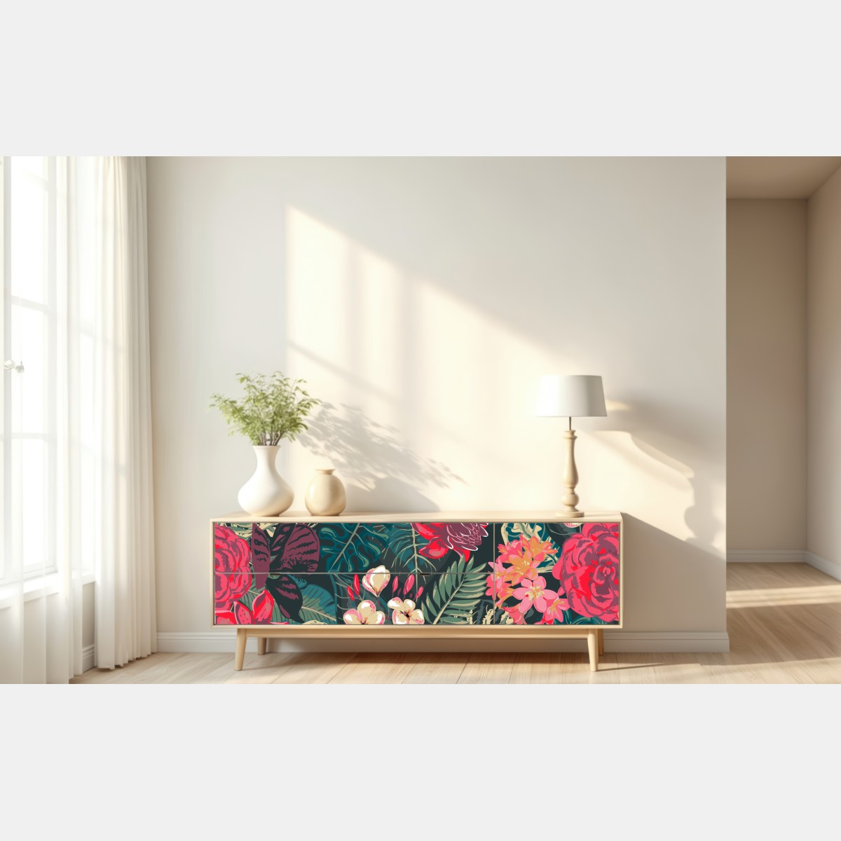 Repositionierbarer Aufkleber tropisches blumenmuster in rosa und türkis – Wallnifity® Repositionierbarer Aufkleber tropisches blumenmuster in rosa und türkis – Wallnifity®