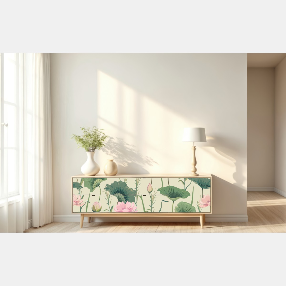 Repositionierbarer Aufkleber sanfter lotusgarten botanisches muster – Wallnifity® Repositionierbarer Aufkleber sanfter lotusgarten botanisches muster – Wallnifity®