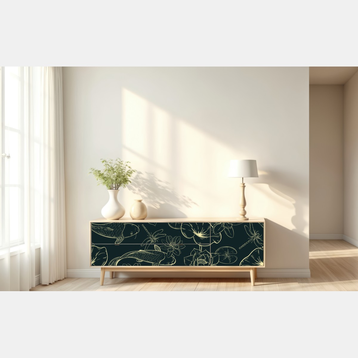 Repositionierbarer Aufkleber handgezeichnetes koi- und lotusmuster – Wallnifity® Repositionierbarer Aufkleber handgezeichnetes koi- und lotusmuster – Wallnifity®