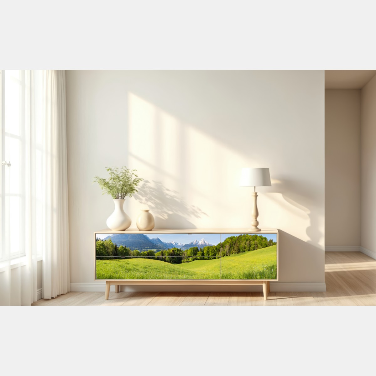 Repositionierbarer Aufkleber ruhiges alpines wiesenpanorama – Wallnifity® Repositionierbarer Aufkleber ruhiges alpines wiesenpanorama – Wallnifity®