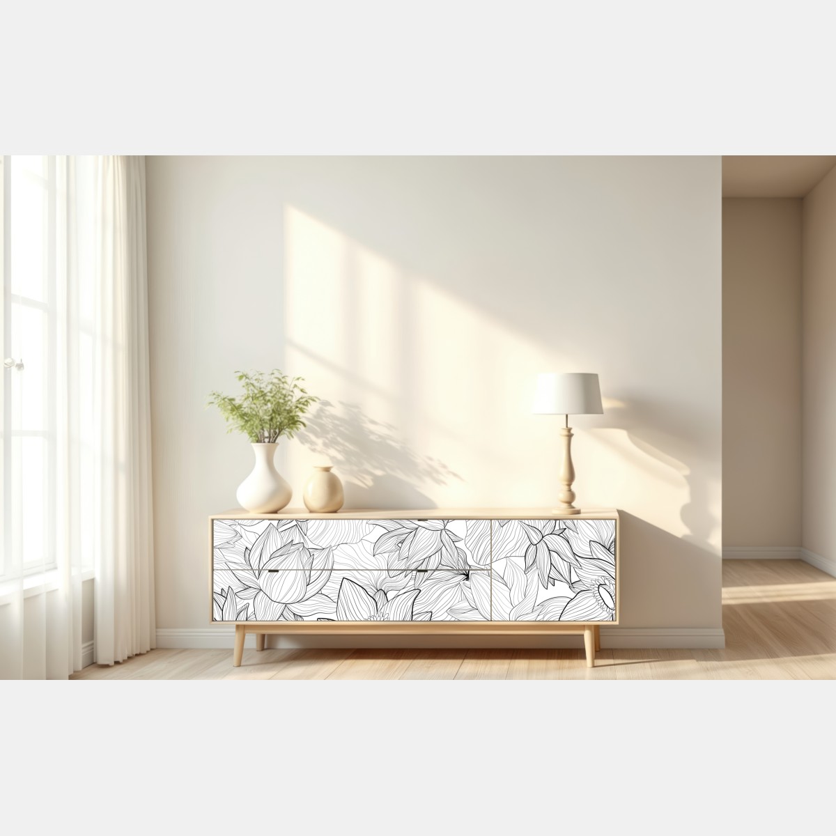 Repositionierbarer Aufkleber zarte lotus-linienzeichnung – Wallnifity® Repositionierbarer Aufkleber zarte lotus-linienzeichnung – Wallnifity®