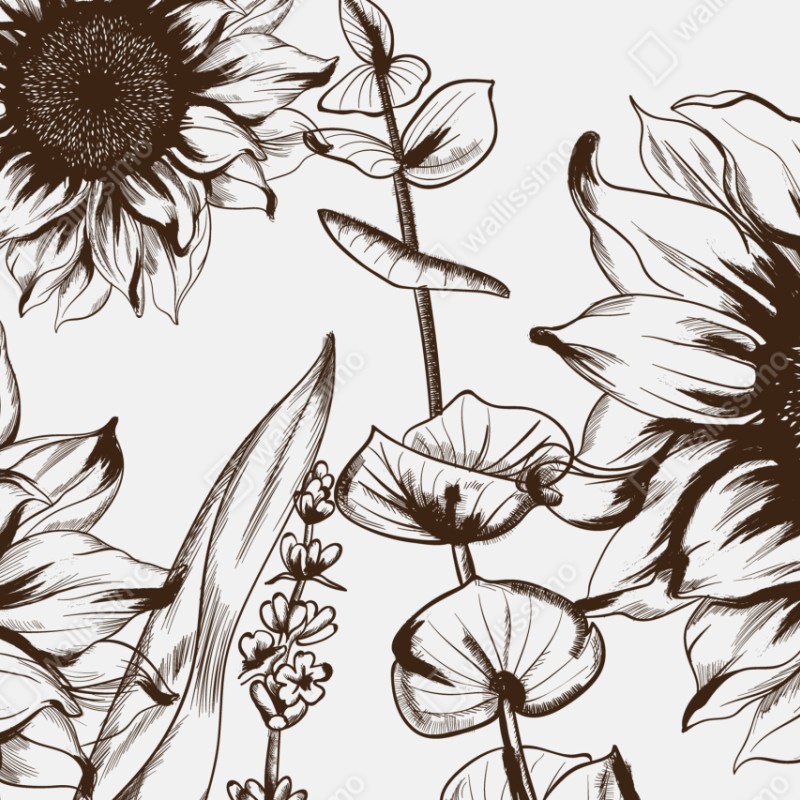 Repositionierbarer Aufkleber botanische sonnenblumenillustration in sepia – Wallnifity® Repositionierbarer Aufkleber botanische sonnenblumenillustration in sepia – Wallnifity®