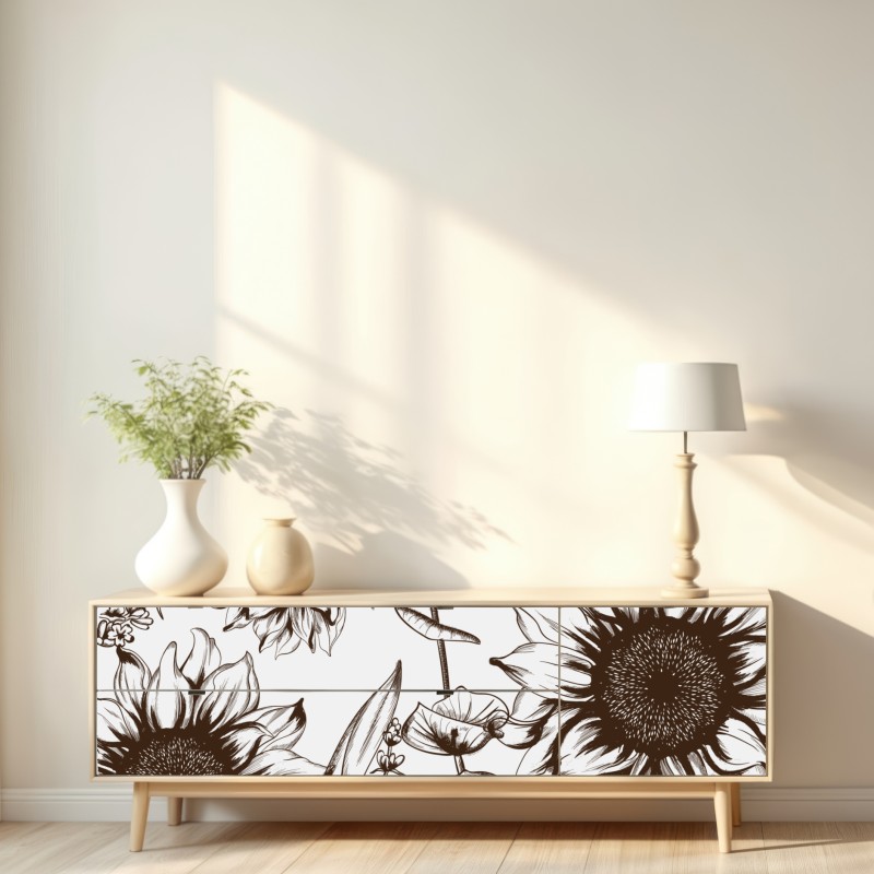 Repositionierbarer Aufkleber botanische sonnenblumenillustration in sepia – Wallnifity® Repositionierbarer Aufkleber botanische sonnenblumenillustration in sepia – Wallnifity®