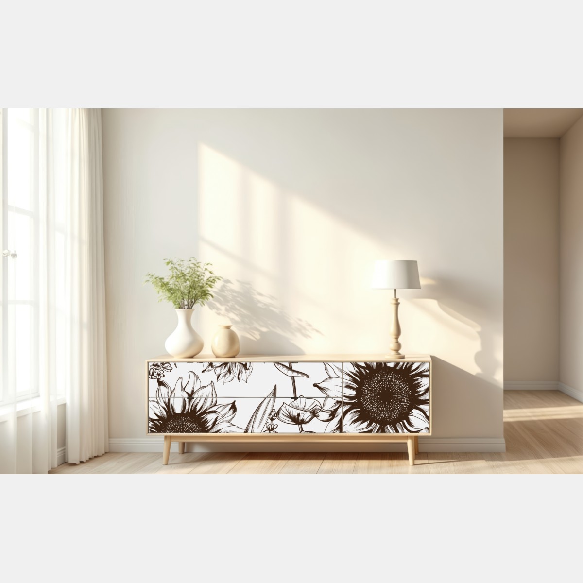 Repositionierbarer Aufkleber botanische sonnenblumenillustration in sepia – Wallnifity® Repositionierbarer Aufkleber botanische sonnenblumenillustration in sepia – Wallnifity®