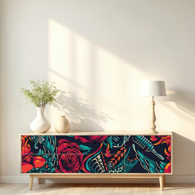Repositionierbarer Aufkleber kräftiges tätowierungsmuster mit rosen – Wallnifity® Repositionierbarer Aufkleber kräftiges tätowierungsmuster mit rosen – Wallnifity®