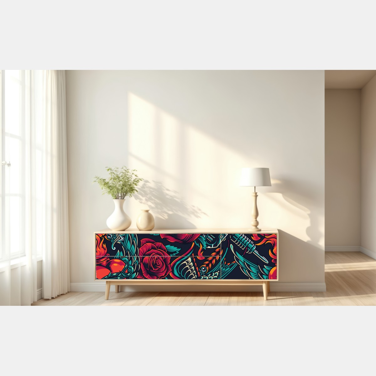 Repositionierbarer Aufkleber kräftiges tätowierungsmuster mit rosen – Wallnifity® Repositionierbarer Aufkleber kräftiges tätowierungsmuster mit rosen – Wallnifity®