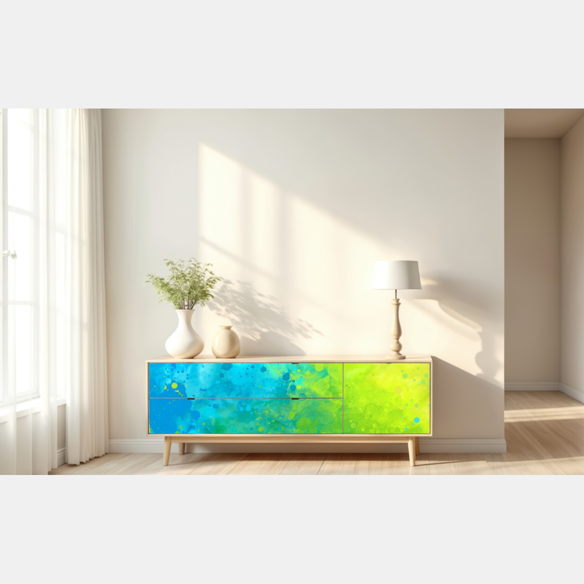 Repositionierbarer Aufkleber lebhafte türkis und limetten aquarellspritzer – Wallnifity® Repositionierbarer Aufkleber lebhafte türkis und limetten aquarellspritzer – Wallnifity®