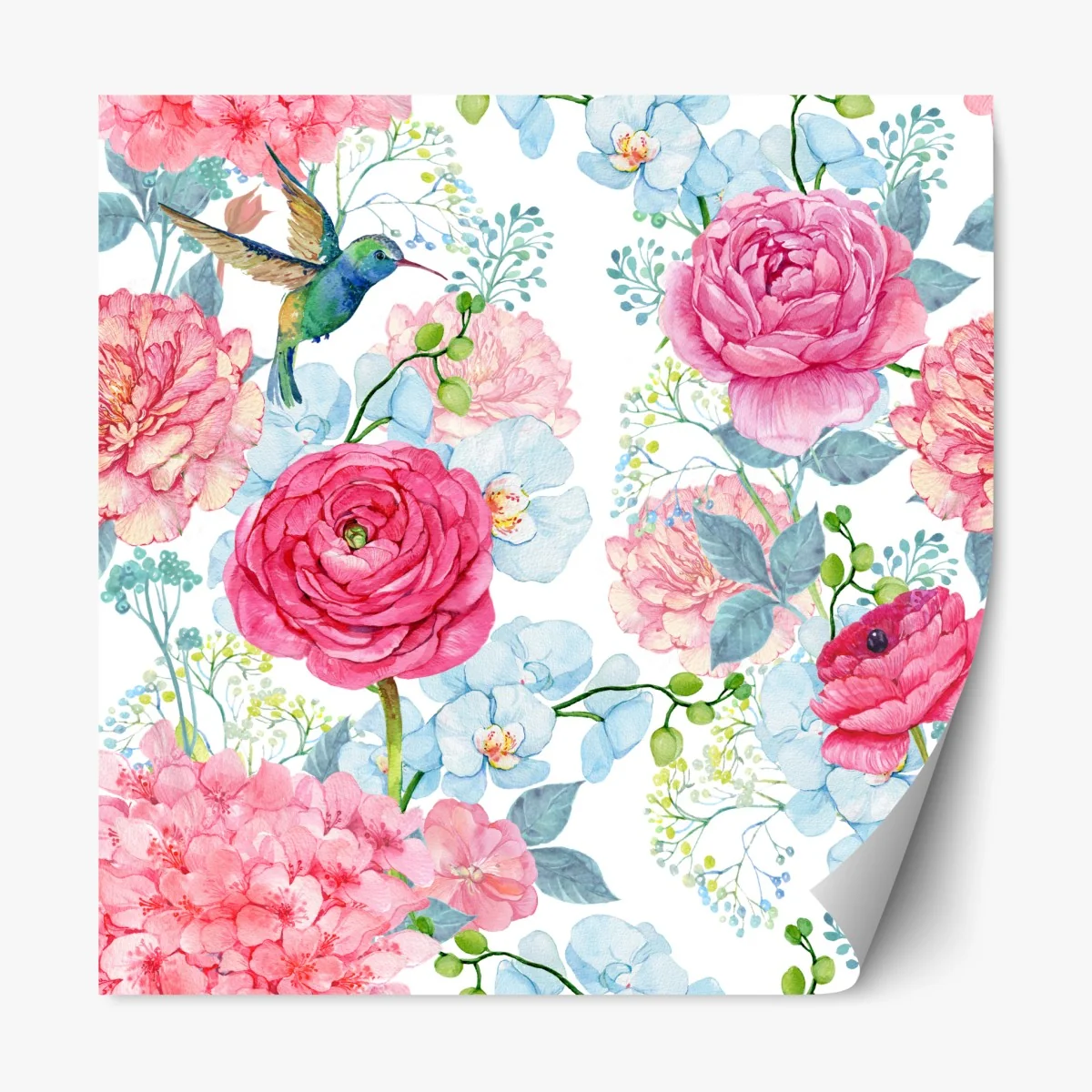 Repositionierbarer Aufkleber rosa aquarell blumengarten mit kolibri – Wallnifity®