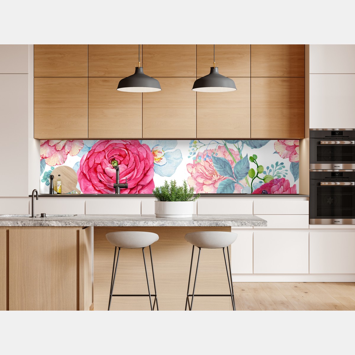 Repositionierbarer Aufkleber rosa aquarell blumengarten mit kolibri – Wallnifity® Repositionierbarer Aufkleber rosa aquarell blumengarten mit kolibri – Wallnifity®