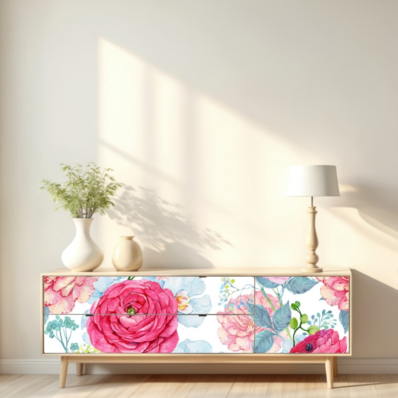 Repositionierbarer Aufkleber rosa aquarell blumengarten mit kolibri – Wallnifity® Repositionierbarer Aufkleber rosa aquarell blumengarten mit kolibri – Wallnifity®