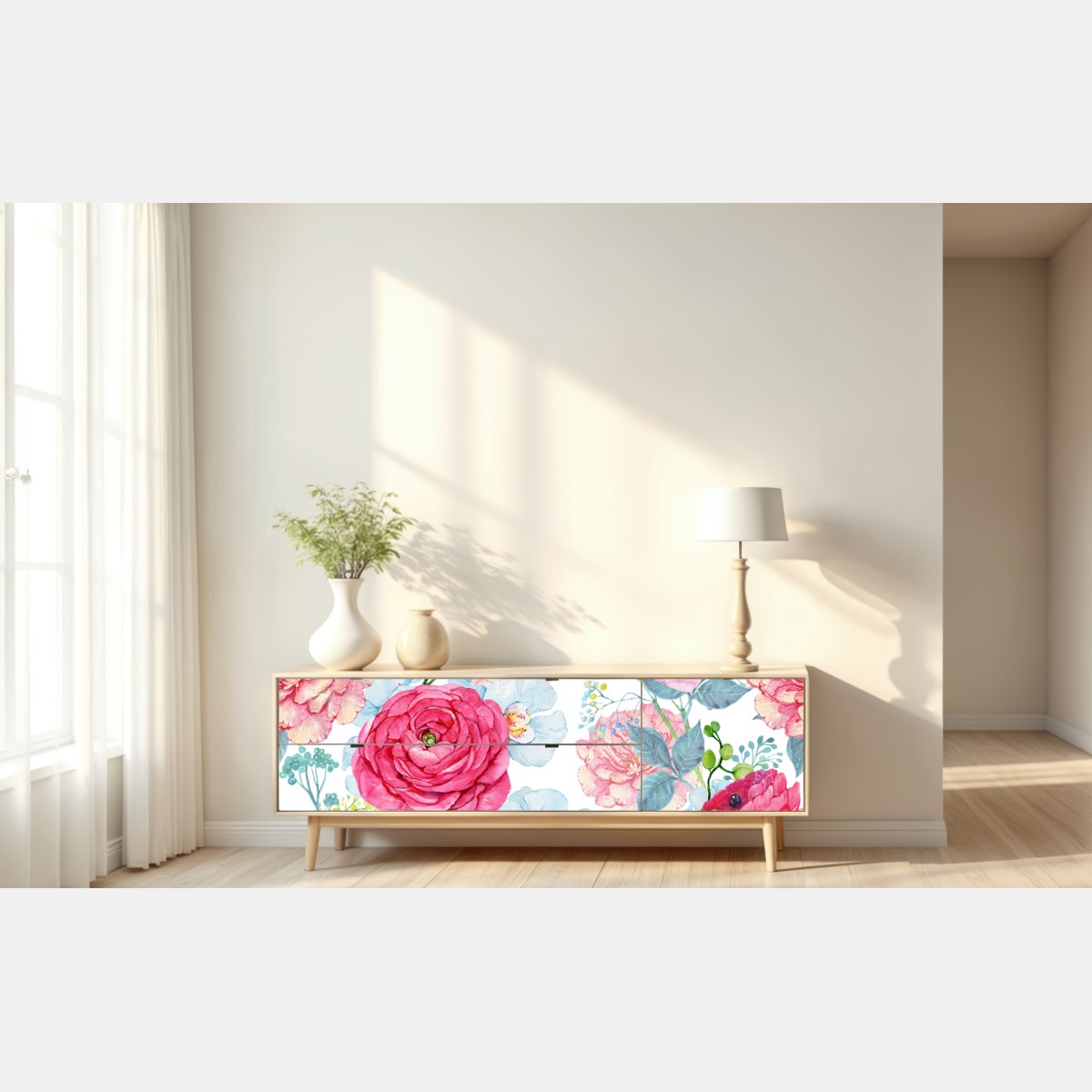 Repositionierbarer Aufkleber rosa aquarell blumengarten mit kolibri – Wallnifity® Repositionierbarer Aufkleber rosa aquarell blumengarten mit kolibri – Wallnifity®