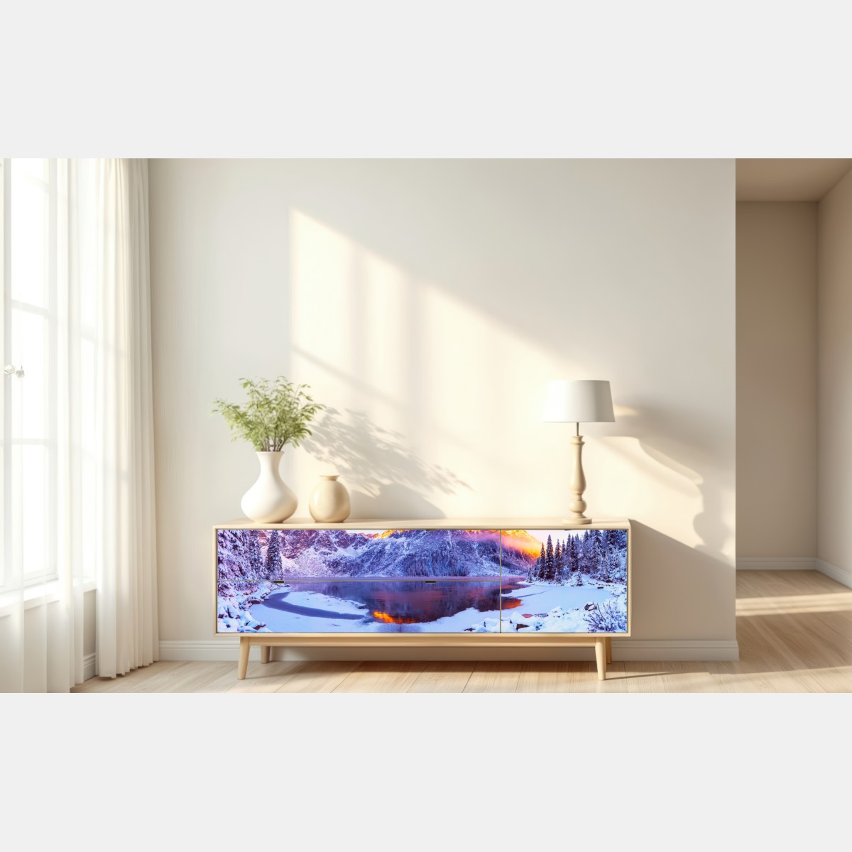 Repositionierbarer Aufkleber sonnenbeschienene berge über gefrorenem alpensee – Wallnifity® Repositionierbarer Aufkleber sonnenbeschienene berge über gefrorenem alpensee – Wallnifity®