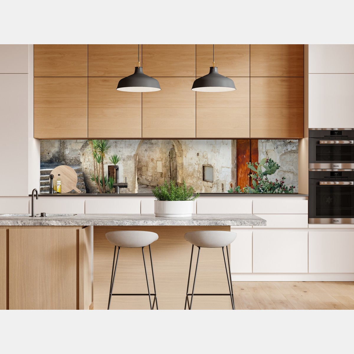Repositionierbarer Aufkleber mediterraner steinhof mit bogen – Wallnifity® Repositionierbarer Aufkleber mediterraner steinhof mit bogen – Wallnifity®