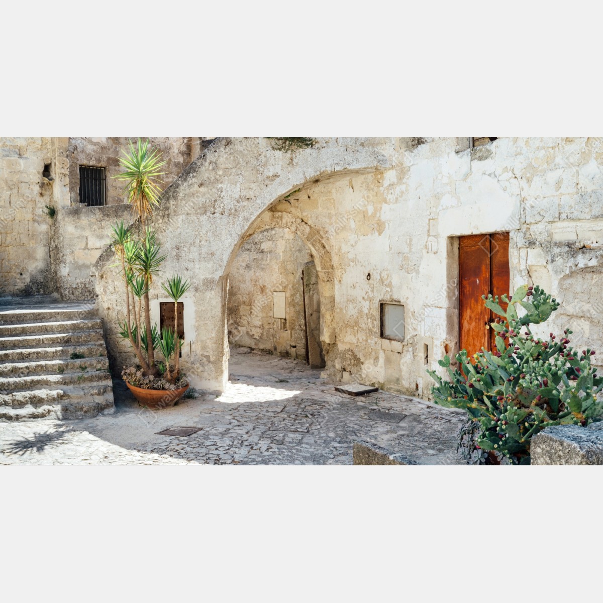 Repositionierbarer Aufkleber mediterraner steinhof mit bogen – Wallnifity® Repositionierbarer Aufkleber mediterraner steinhof mit bogen – Wallnifity®