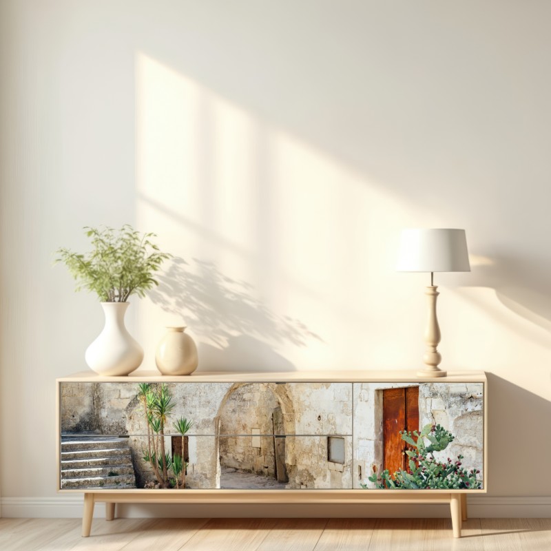Repositionierbarer Aufkleber mediterraner steinhof mit bogen – Wallnifity® Repositionierbarer Aufkleber mediterraner steinhof mit bogen – Wallnifity®