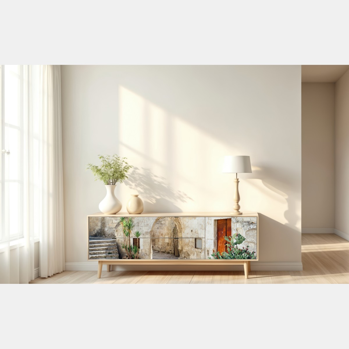 Repositionierbarer Aufkleber mediterraner steinhof mit bogen – Wallnifity® Repositionierbarer Aufkleber mediterraner steinhof mit bogen – Wallnifity®