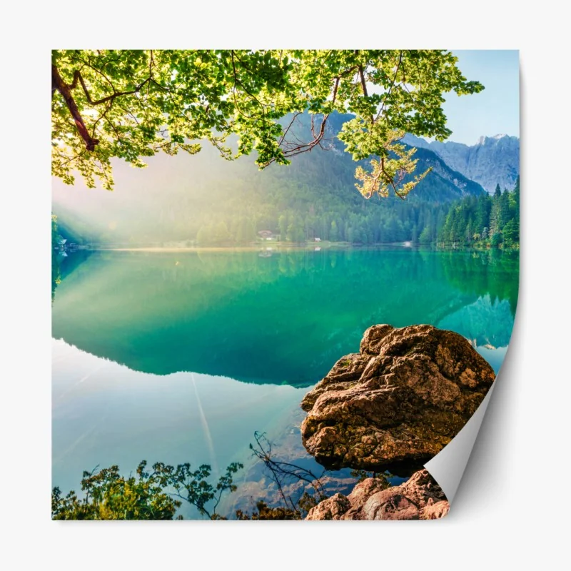 Repositionierbarer Aufkleber morgendliche szene am Fusine-see mit Mangart