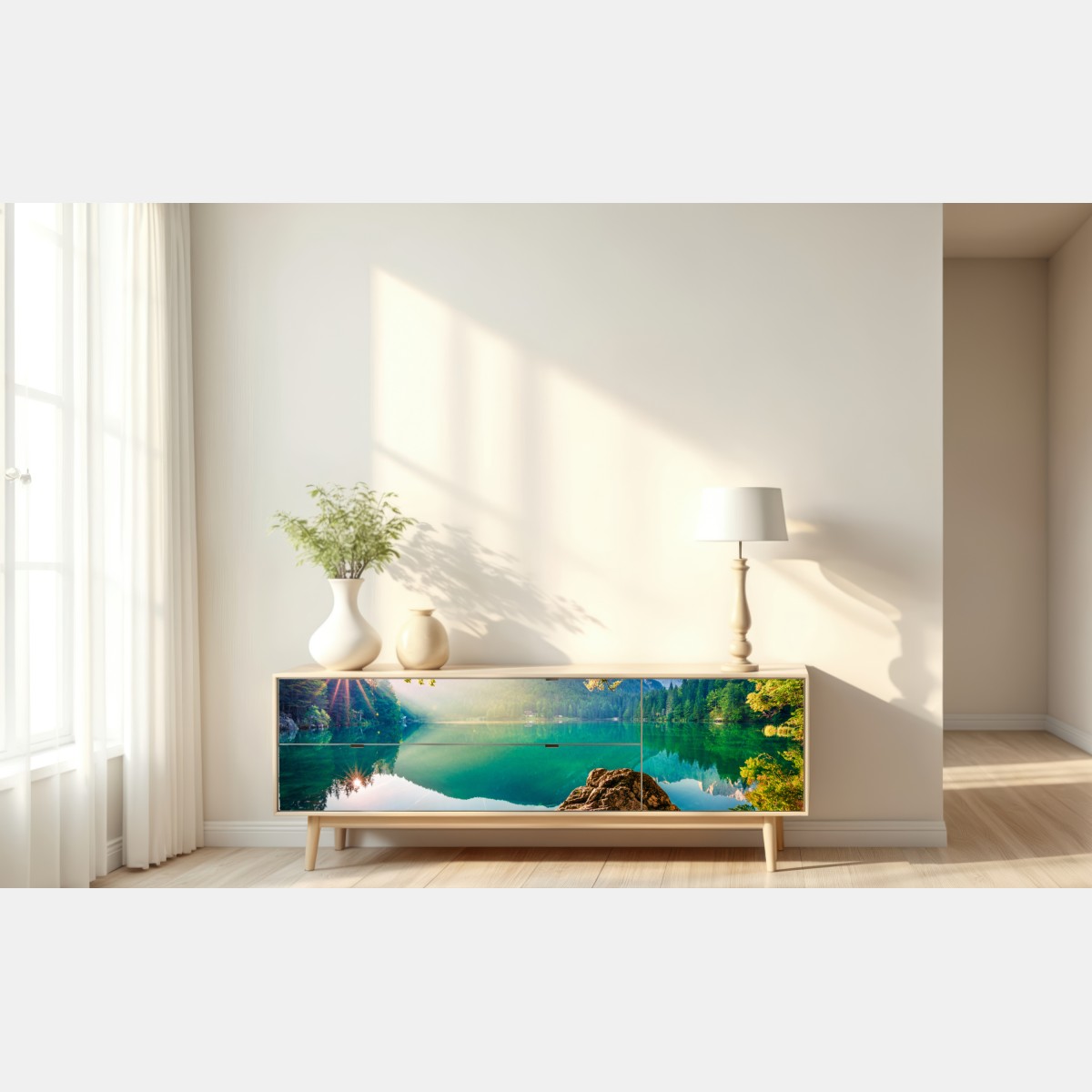 Repositionierbarer Aufkleber morgendliche szene am Fusine-see mit Mangart – Wallnifity® Repositionierbarer Aufkleber morgendliche szene am Fusine-see mit Mangart – Wallnifity®