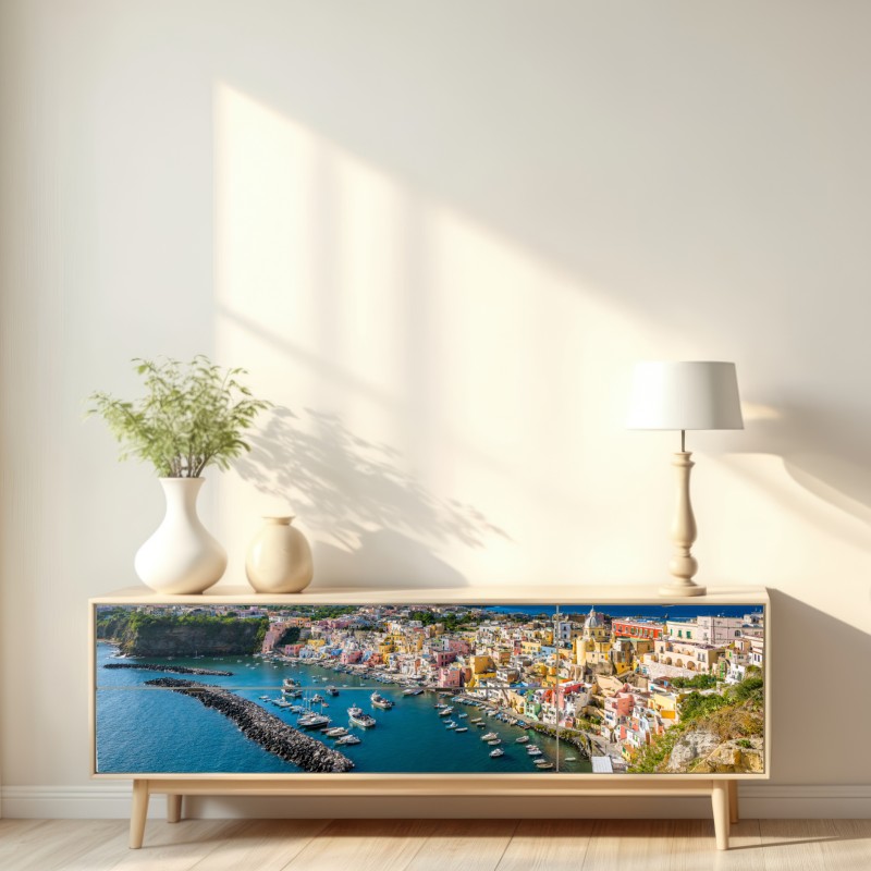 Repositionierbarer Aufkleber bunte panoramaufnahme eines Mittelmeerhafens – Wallnifity® Repositionierbarer Aufkleber bunte panoramaufnahme eines Mittelmeerhafens – Wallnifity®