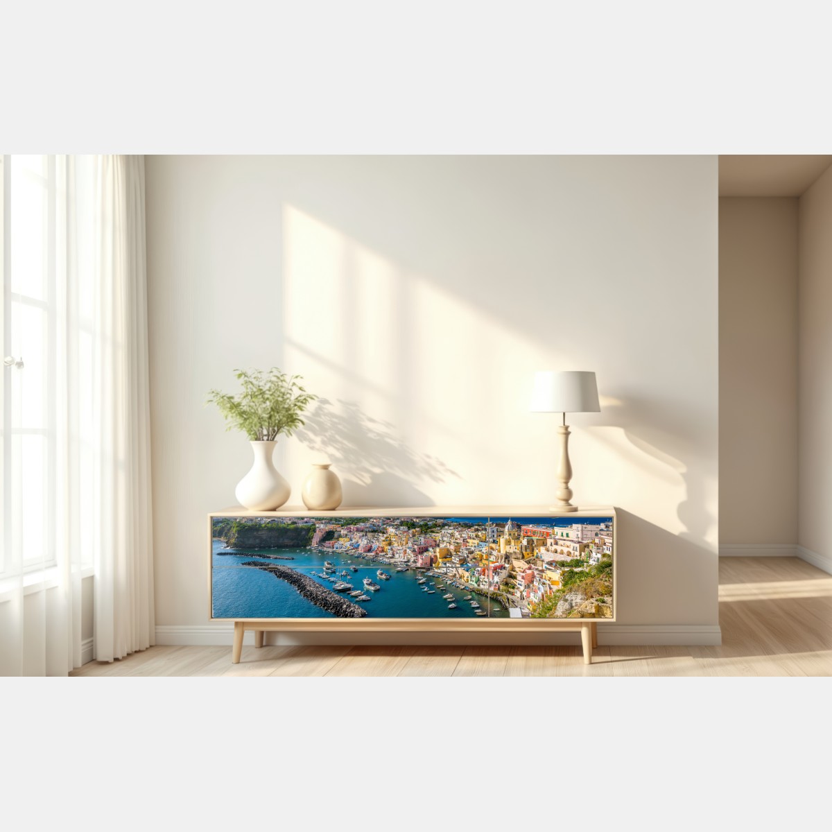 Repositionierbarer Aufkleber bunte panoramaufnahme eines Mittelmeerhafens – Wallnifity® Repositionierbarer Aufkleber bunte panoramaufnahme eines Mittelmeerhafens – Wallnifity®