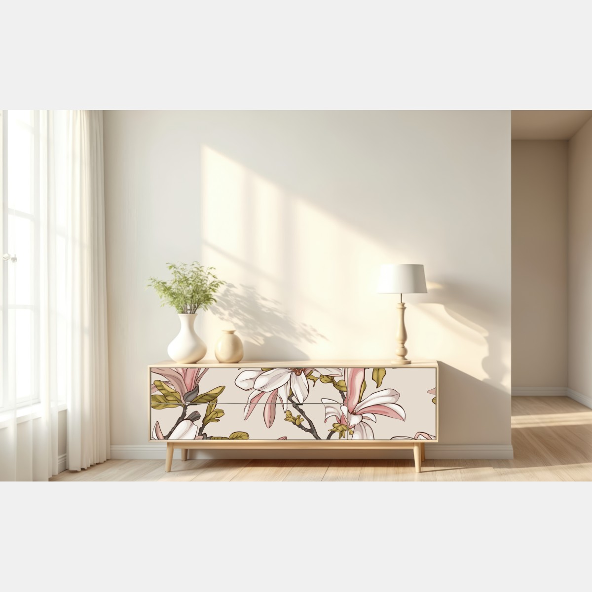 Repositionierbarer Aufkleber pastell magnolien auf beigem grund – Wallnifity® Repositionierbarer Aufkleber pastell magnolien auf beigem grund – Wallnifity®