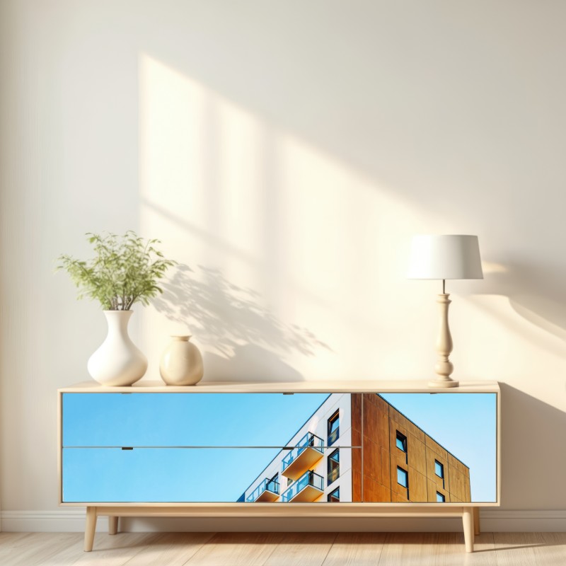 Repositionierbarer Aufkleber modernes wohngebäude mit balkonen – Wallnifity® Repositionierbarer Aufkleber modernes wohngebäude mit balkonen – Wallnifity®
