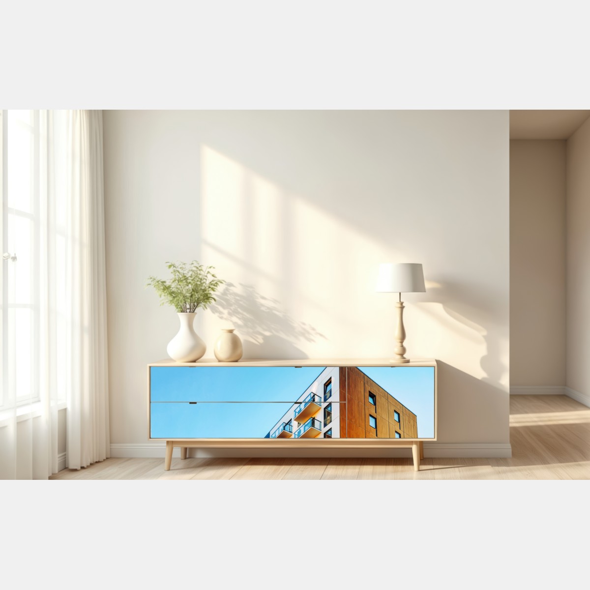 Repositionierbarer Aufkleber modernes wohngebäude mit balkonen – Wallnifity® Repositionierbarer Aufkleber modernes wohngebäude mit balkonen – Wallnifity®