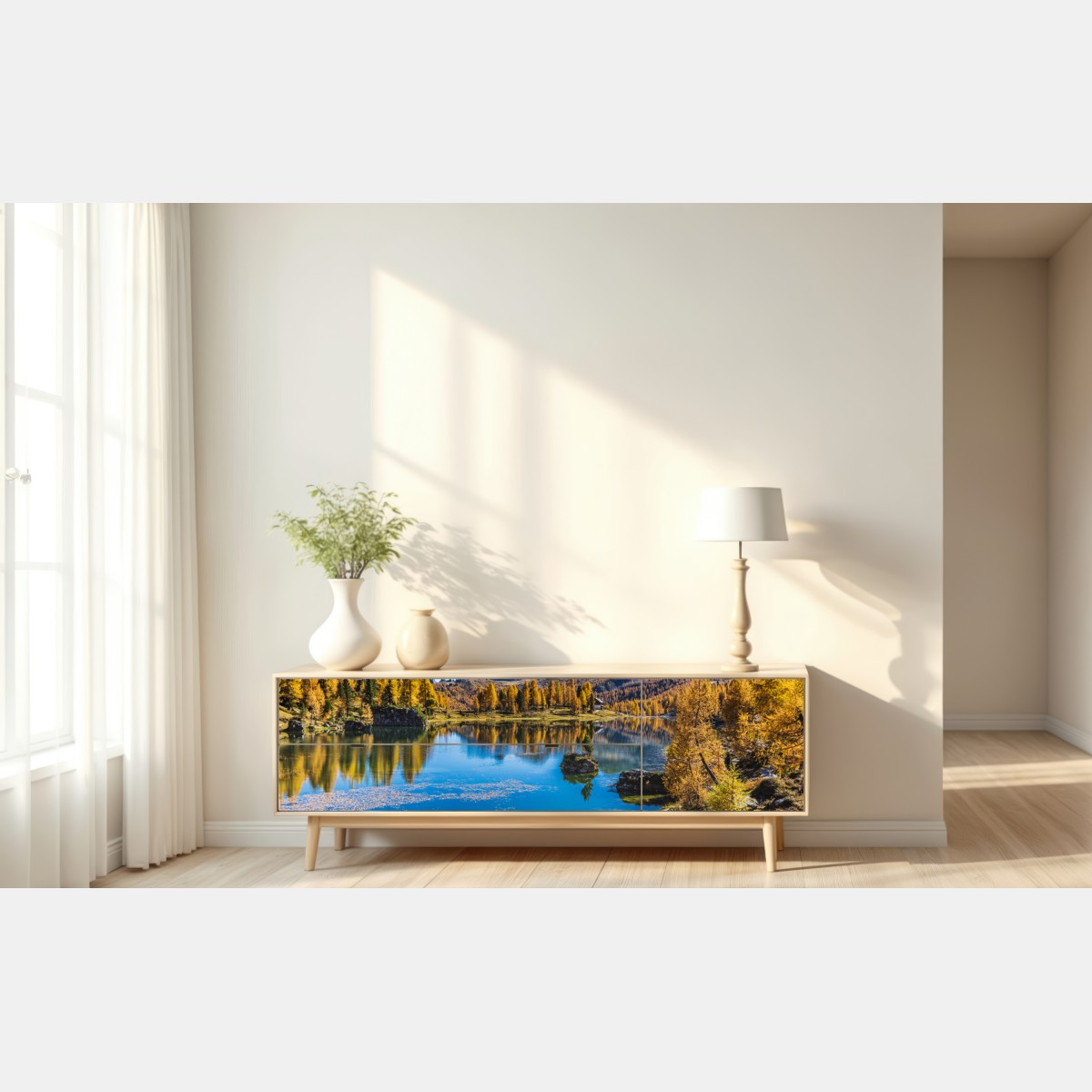 Repositionierbarer Aufkleber herbstlicher alpensee mit bergreflexion – Wallnifity® Repositionierbarer Aufkleber herbstlicher alpensee mit bergreflexion – Wallnifity®