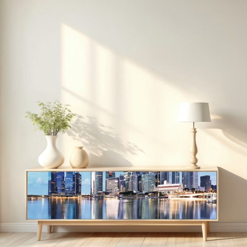 Repositionierbarer Aufkleber moderne stadtskyline gespiegelt im wasser – Wallnifity® Repositionierbarer Aufkleber moderne stadtskyline gespiegelt im wasser – Wallnifity®