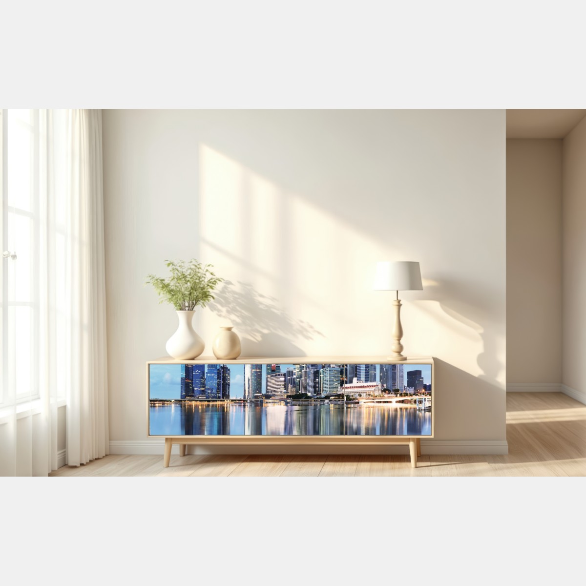 Repositionierbarer Aufkleber moderne stadtskyline gespiegelt im wasser – Wallnifity® Repositionierbarer Aufkleber moderne stadtskyline gespiegelt im wasser – Wallnifity®