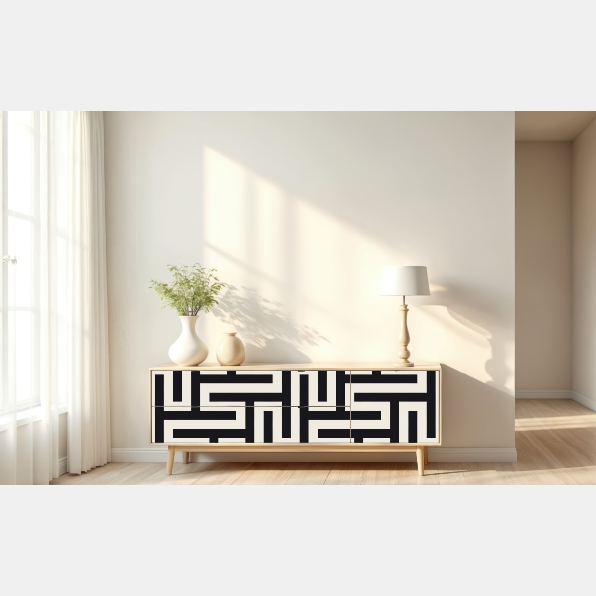 Repositionierbarer Aufkleber geometrisches labyrinthmuster in beige und schwarz – Wallnifity® Repositionierbarer Aufkleber geometrisches labyrinthmuster in beige und schwarz – Wallnifity®