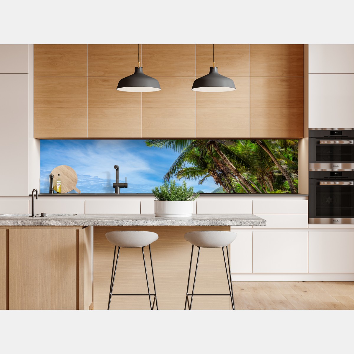 Repositionierbarer Aufkleber tropischer strand mit palmen und segelboot – Wallnifity® Repositionierbarer Aufkleber tropischer strand mit palmen und segelboot – Wallnifity®
