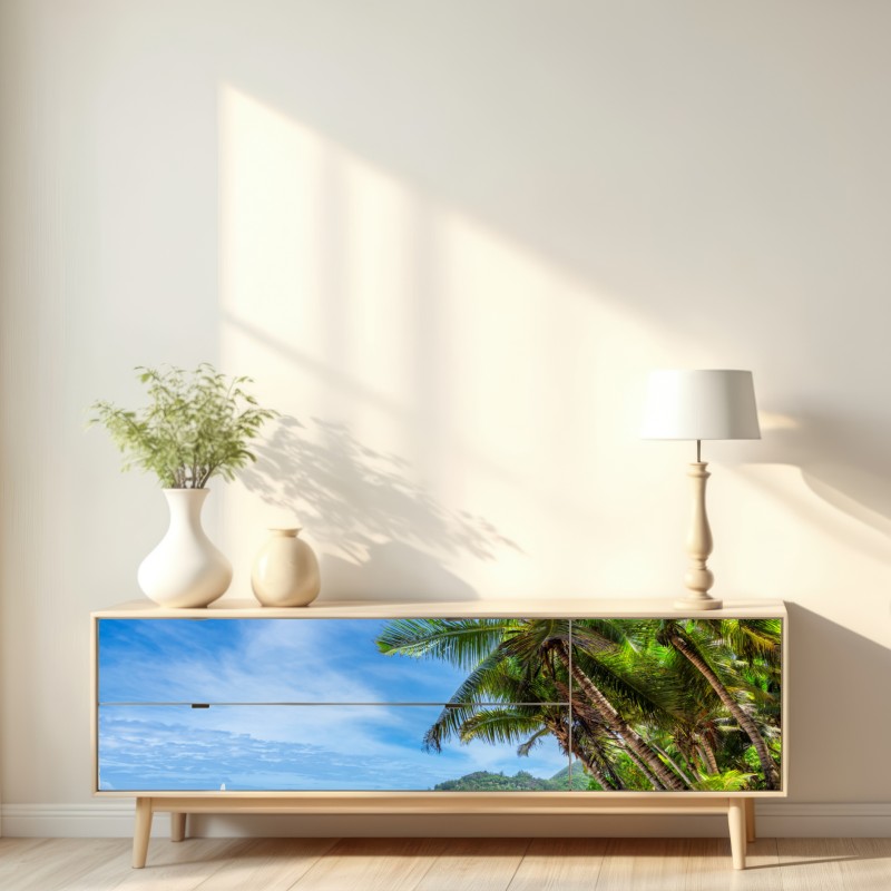 Repositionierbarer Aufkleber tropischer strand mit palmen und segelboot – Wallnifity® Repositionierbarer Aufkleber tropischer strand mit palmen und segelboot – Wallnifity®