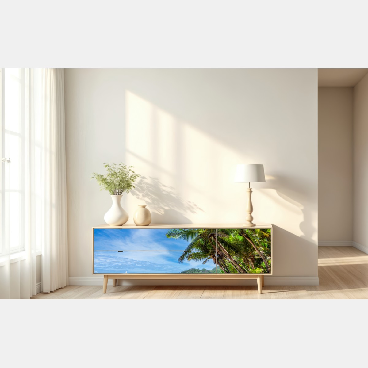 Repositionierbarer Aufkleber tropischer strand mit palmen und segelboot – Wallnifity® Repositionierbarer Aufkleber tropischer strand mit palmen und segelboot – Wallnifity®
