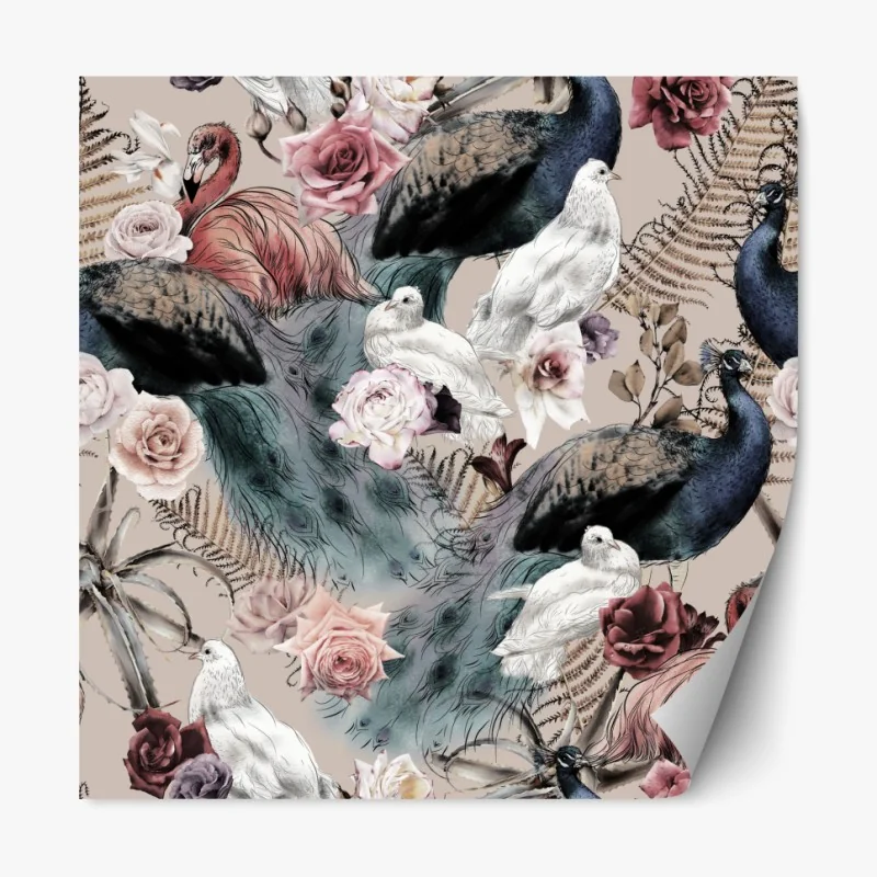Repositionierbarer Aufkleber aquarellmuster mit vögeln und rosen – Wallnifity® Repositionierbarer Aufkleber aquarellmuster mit vögeln und rosen – Wallnifity®