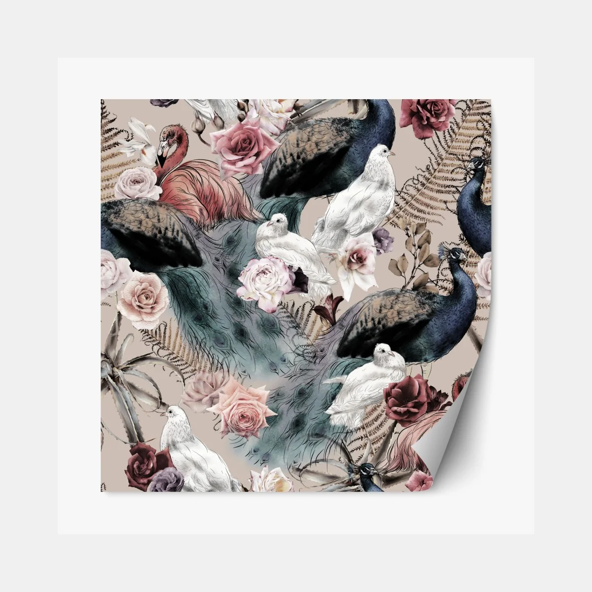 Repositionierbarer Aufkleber aquarellmuster mit vögeln und rosen – Wallnifity® Repositionierbarer Aufkleber aquarellmuster mit vögeln und rosen – Wallnifity®