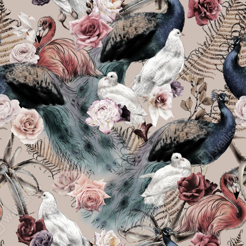 Repositionierbarer Aufkleber aquarellmuster mit vögeln und rosen – Wallnifity® Repositionierbarer Aufkleber aquarellmuster mit vögeln und rosen – Wallnifity®