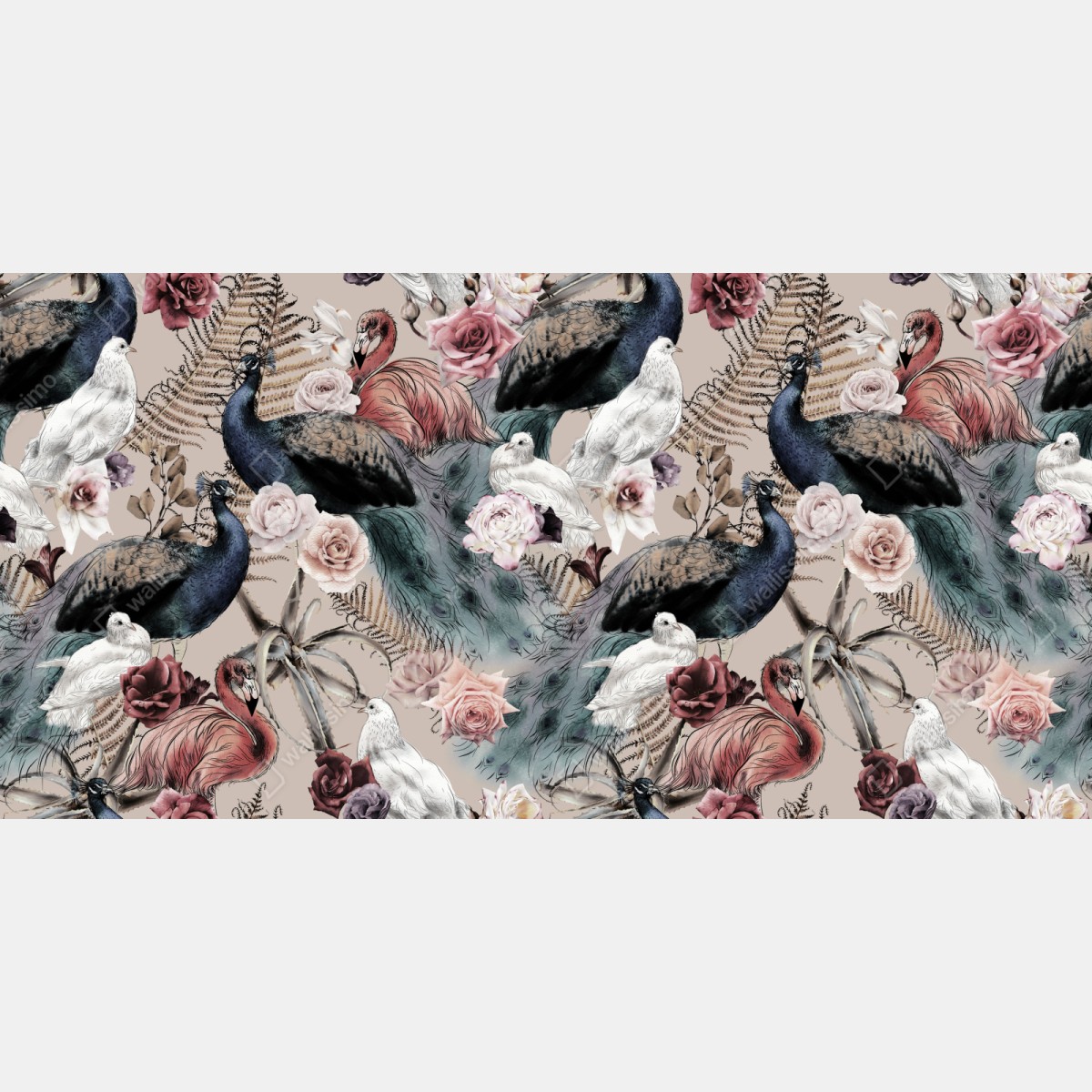 Repositionierbarer Aufkleber aquarellmuster mit vögeln und rosen – Wallnifity® Repositionierbarer Aufkleber aquarellmuster mit vögeln und rosen – Wallnifity®