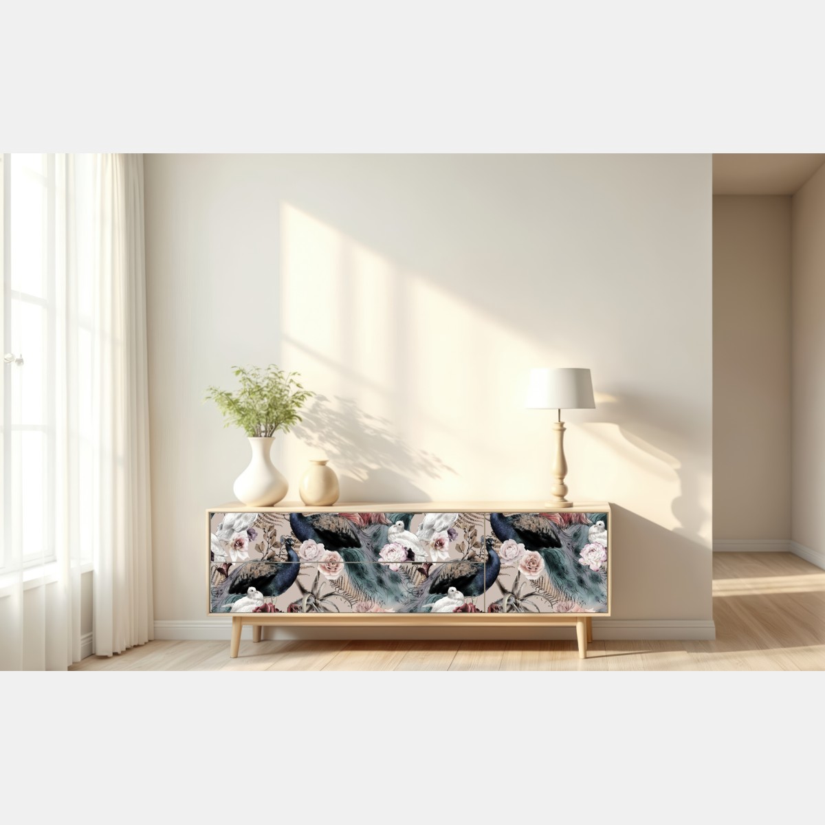 Repositionierbarer Aufkleber aquarellmuster mit vögeln und rosen – Wallnifity® Repositionierbarer Aufkleber aquarellmuster mit vögeln und rosen – Wallnifity®