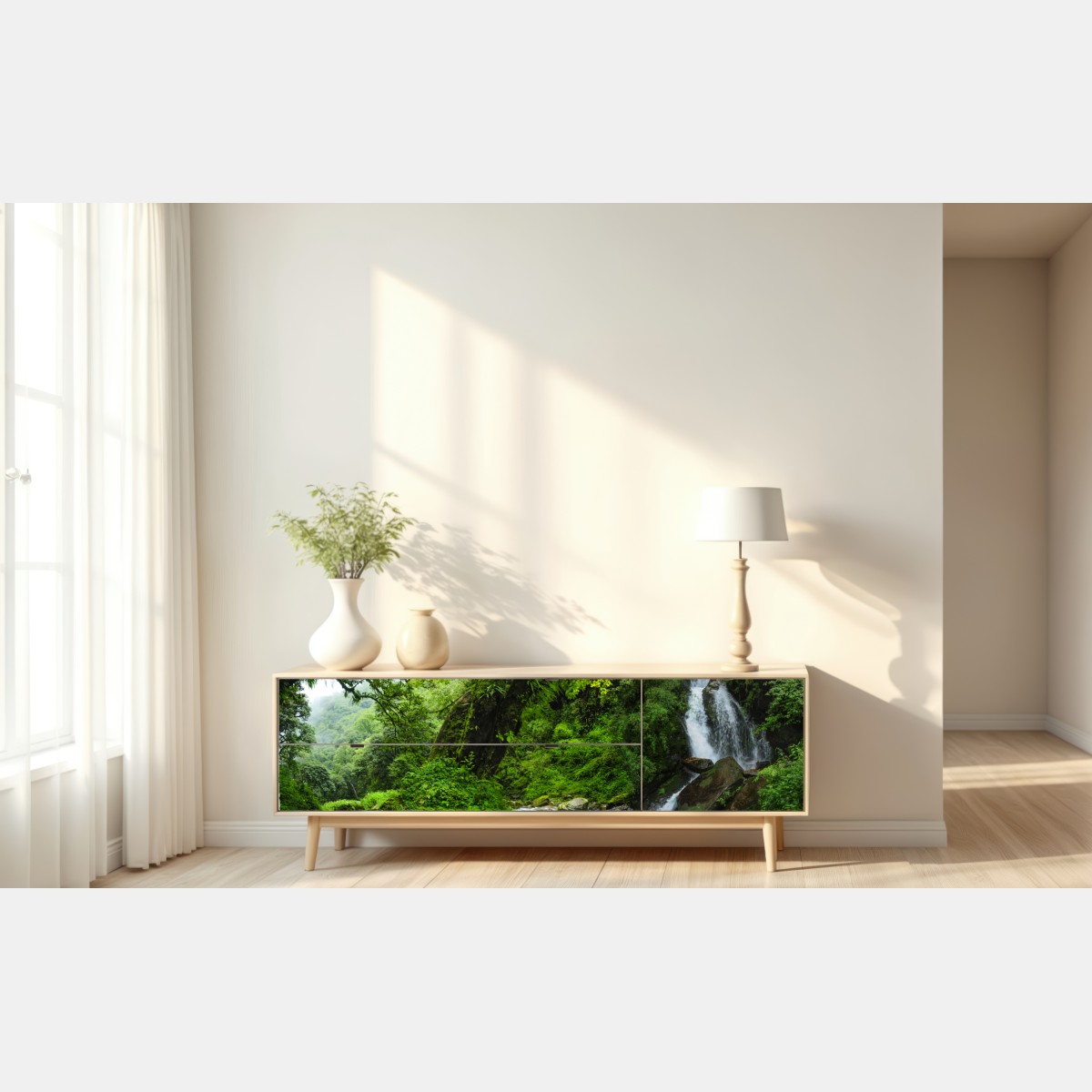 Repositionierbarer Aufkleber üppiger grüner wasserfall im wald – Wallnifity® Repositionierbarer Aufkleber üppiger grüner wasserfall im wald – Wallnifity®