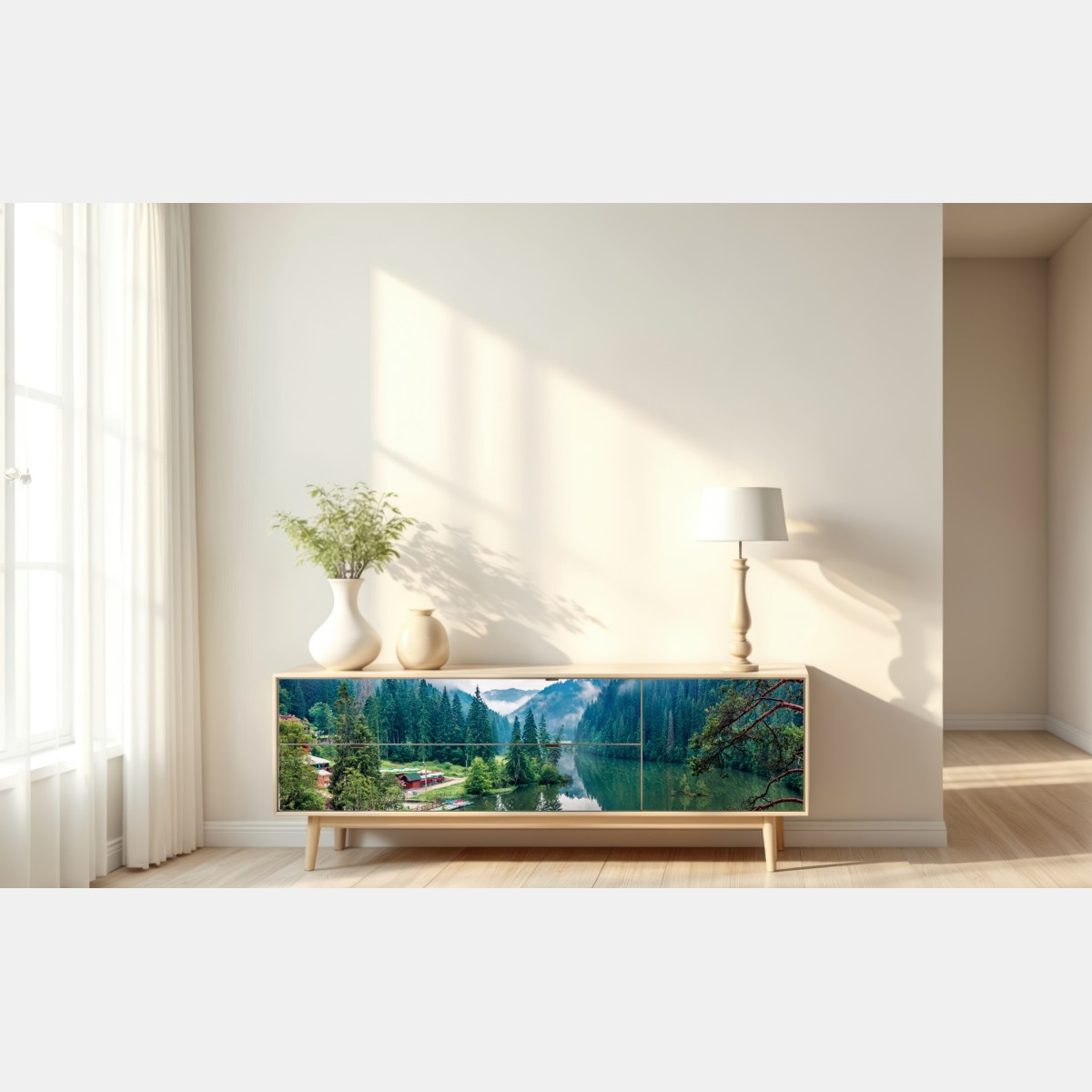 Repositionierbarer Aufkleber nebliger morgen am Lacu Rosu – Wallnifity® Repositionierbarer Aufkleber nebliger morgen am Lacu Rosu – Wallnifity®