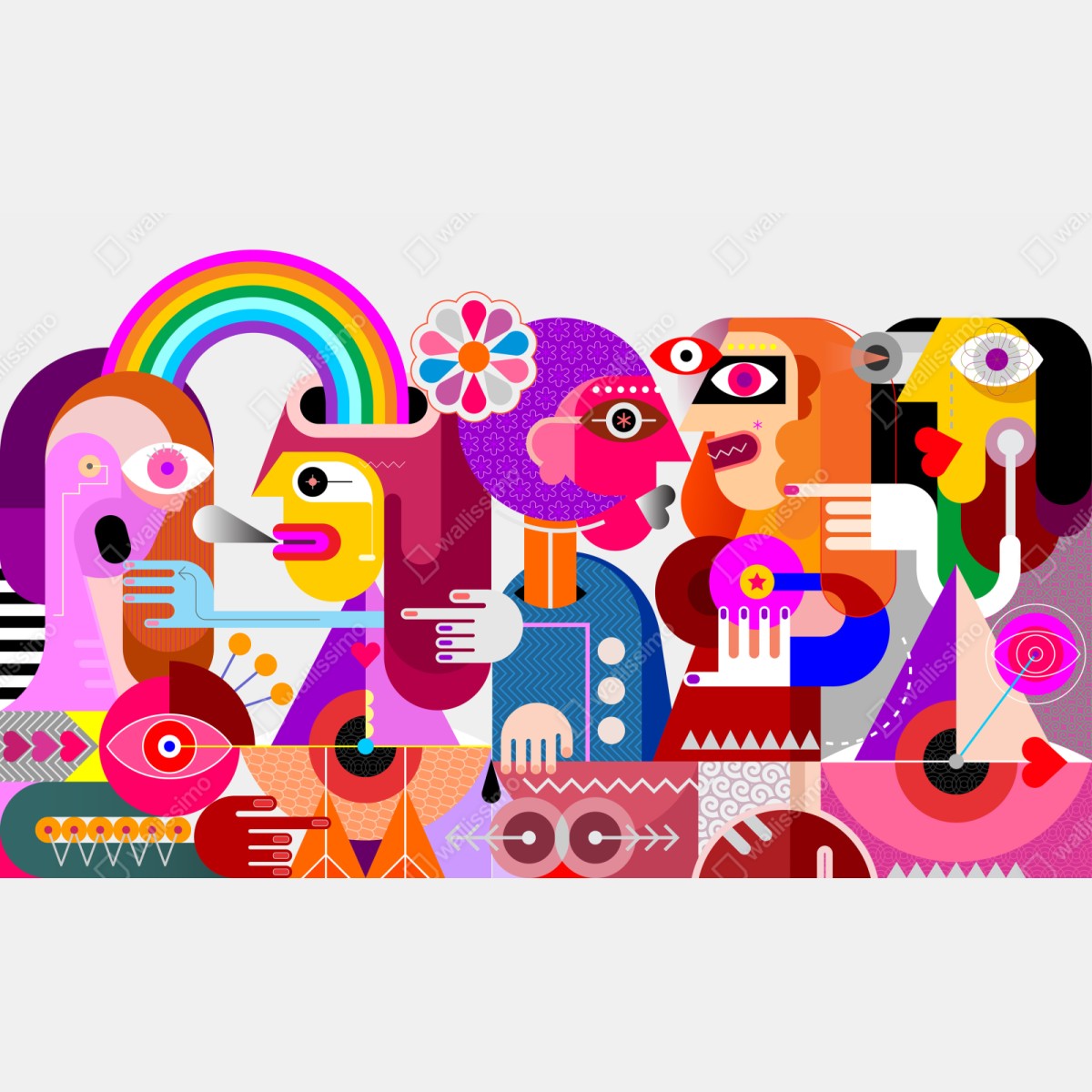 Repositionierbarer Aufkleber mann mit regenbogen reitet geometrischen vogel – Wallnifity® Repositionierbarer Aufkleber mann mit regenbogen reitet geometrischen vogel – Wallnifity®