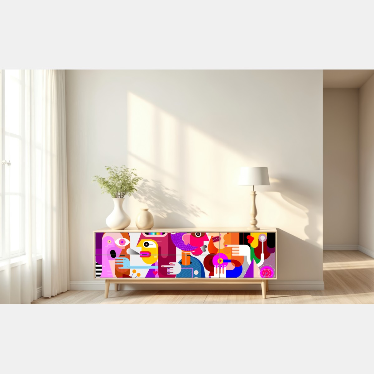 Repositionierbarer Aufkleber mann mit regenbogen reitet geometrischen vogel – Wallnifity® Repositionierbarer Aufkleber mann mit regenbogen reitet geometrischen vogel – Wallnifity®