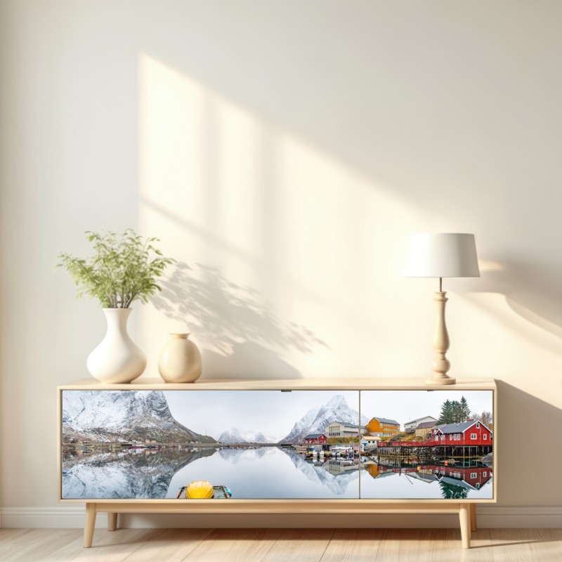 Repositionierbarer Aufkleber spiegelglatter fjord mit bergkulisse – Wallnifity® Repositionierbarer Aufkleber spiegelglatter fjord mit bergkulisse – Wallnifity®