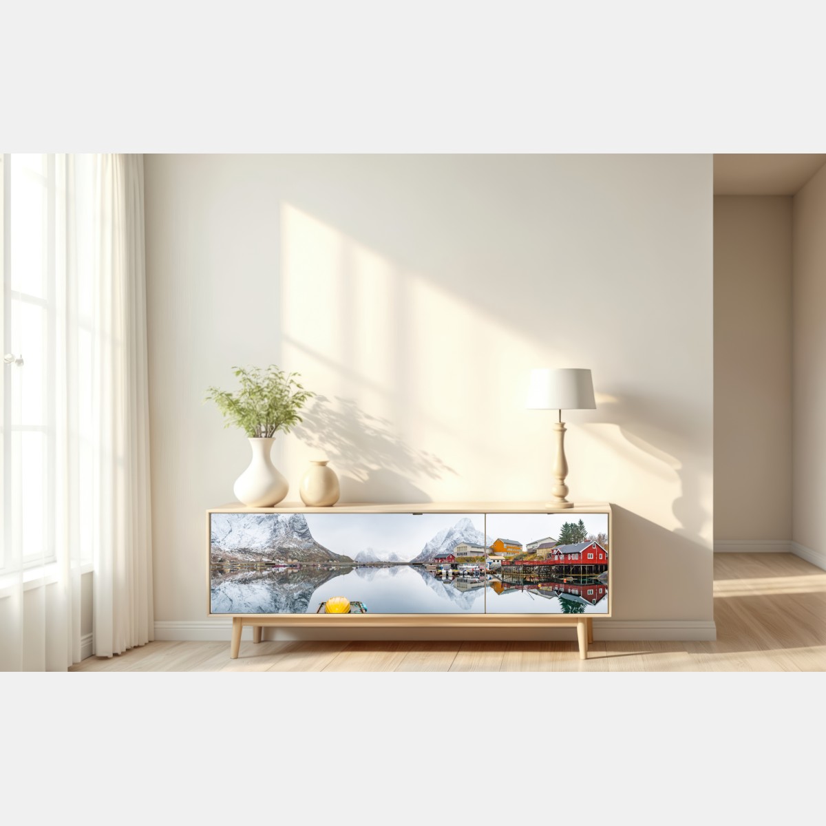 Repositionierbarer Aufkleber spiegelglatter fjord mit bergkulisse – Wallnifity® Repositionierbarer Aufkleber spiegelglatter fjord mit bergkulisse – Wallnifity®