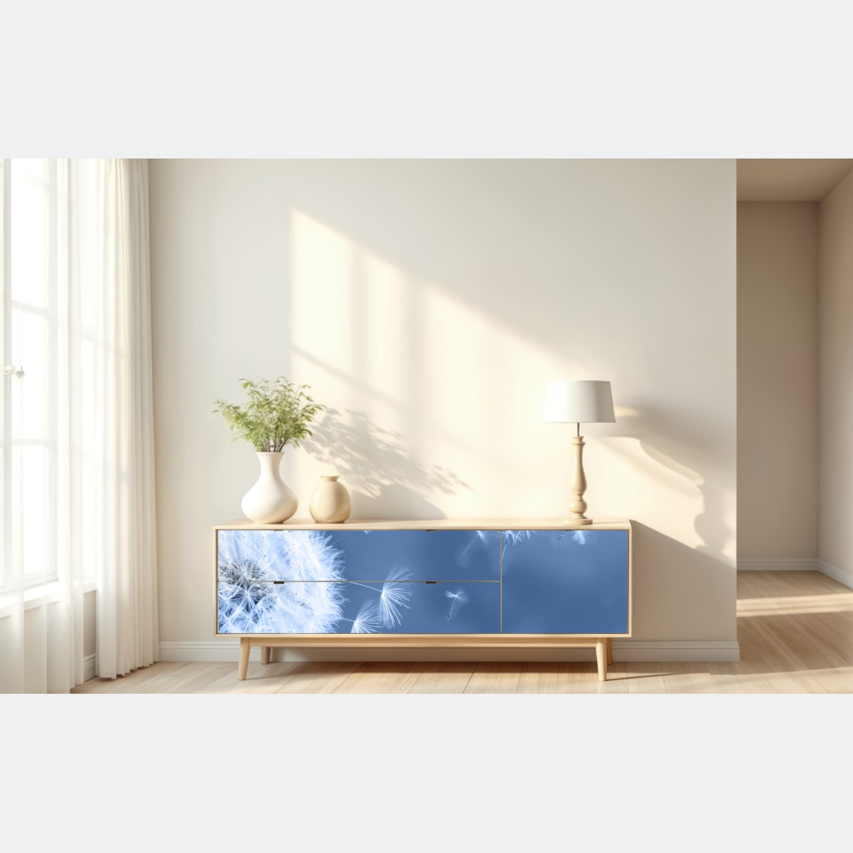 Repositionierbarer Aufkleber zarte löwenzahnsamen in blau – Wallnifity® Repositionierbarer Aufkleber zarte löwenzahnsamen in blau – Wallnifity®