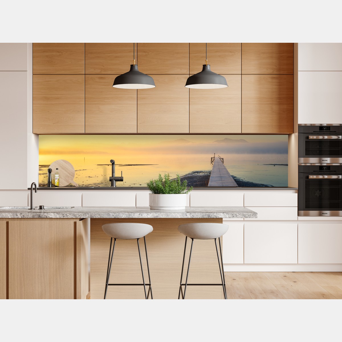 Repositionierbarer Aufkleber nebliger sonnenaufgang über holzsteg – Wallnifity® Repositionierbarer Aufkleber nebliger sonnenaufgang über holzsteg – Wallnifity®